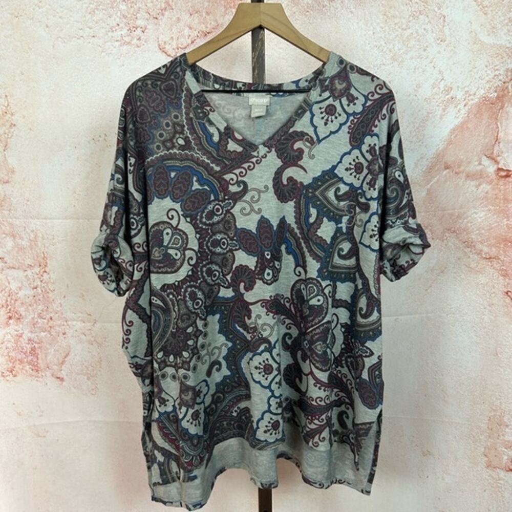 CHICO'S paisley artsy poncho tunic top size M L Petite knit boho neutrals shirt